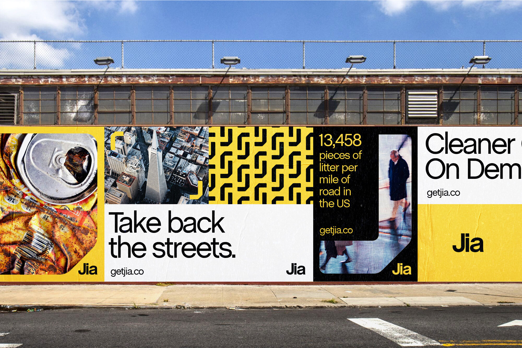 Outdoor billboard with anti-littering ads featuring crushed can, cityscape, geometric patterns, and model, against blue sky backdrop.
