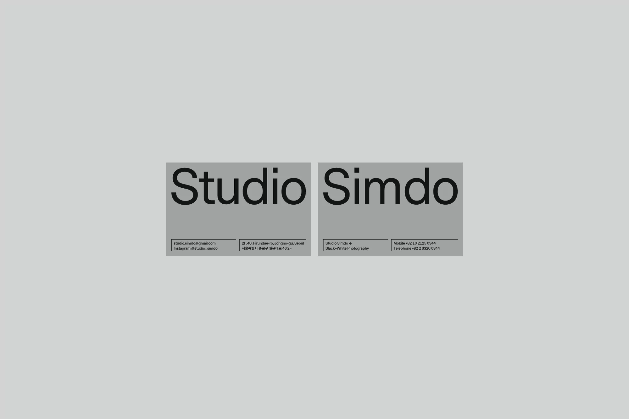 Two business cards for Studio Simdo, a black and white photography studio in Seoul, Korea, with studio contact details.