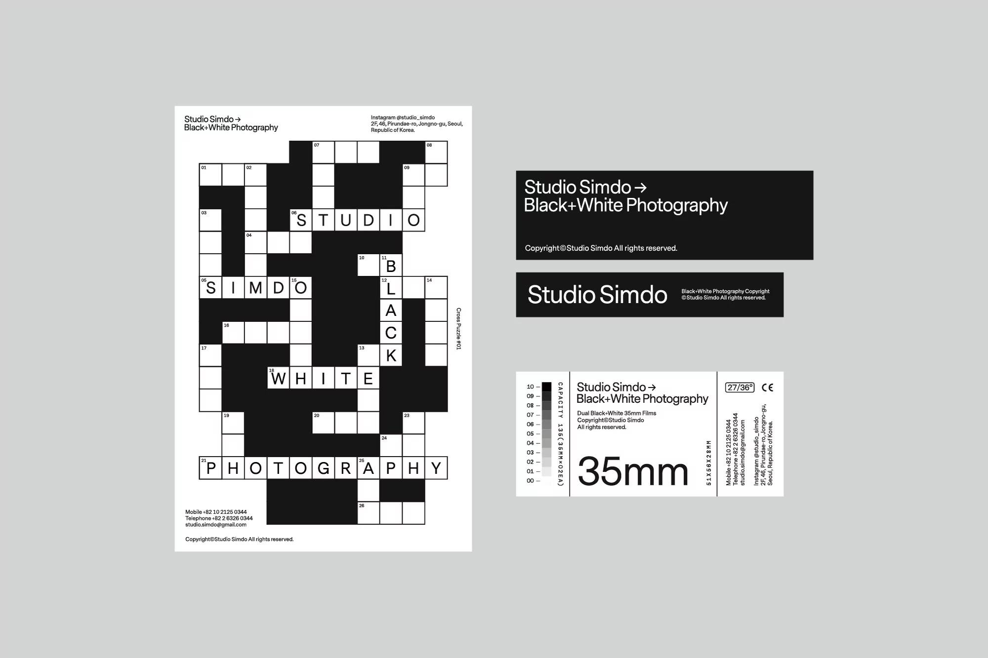 Graphic design layout featuring Studio Simdo's black and white photography services, presented in a crossword puzzle format on grey background.