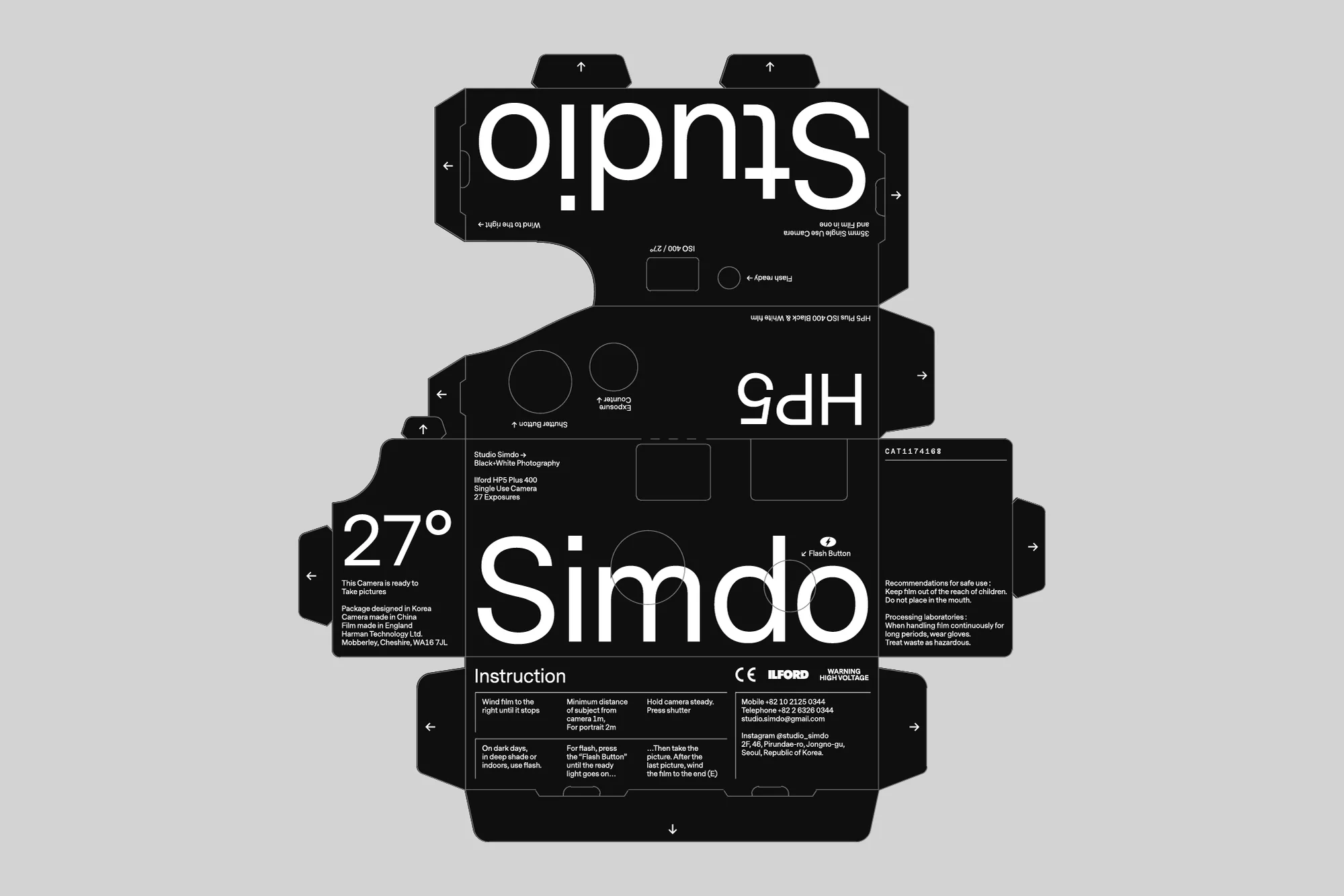 Black-and-white photo studio camera package mockup with typography on a light grey backdrop, featuring the brand name, Simdo.