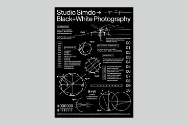 Black and white graphic poster featuring technical diagrams, typography, and layout guides by Studio Simdo