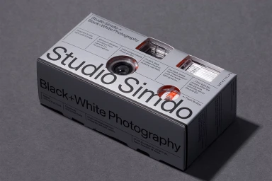 A silver disposable camera branded with Studio Simdo typography resting on a grey surface.