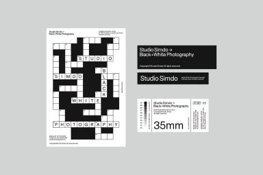 Graphic design brand identity featuring a crossword puzzle motif and typography for Studio Simdo