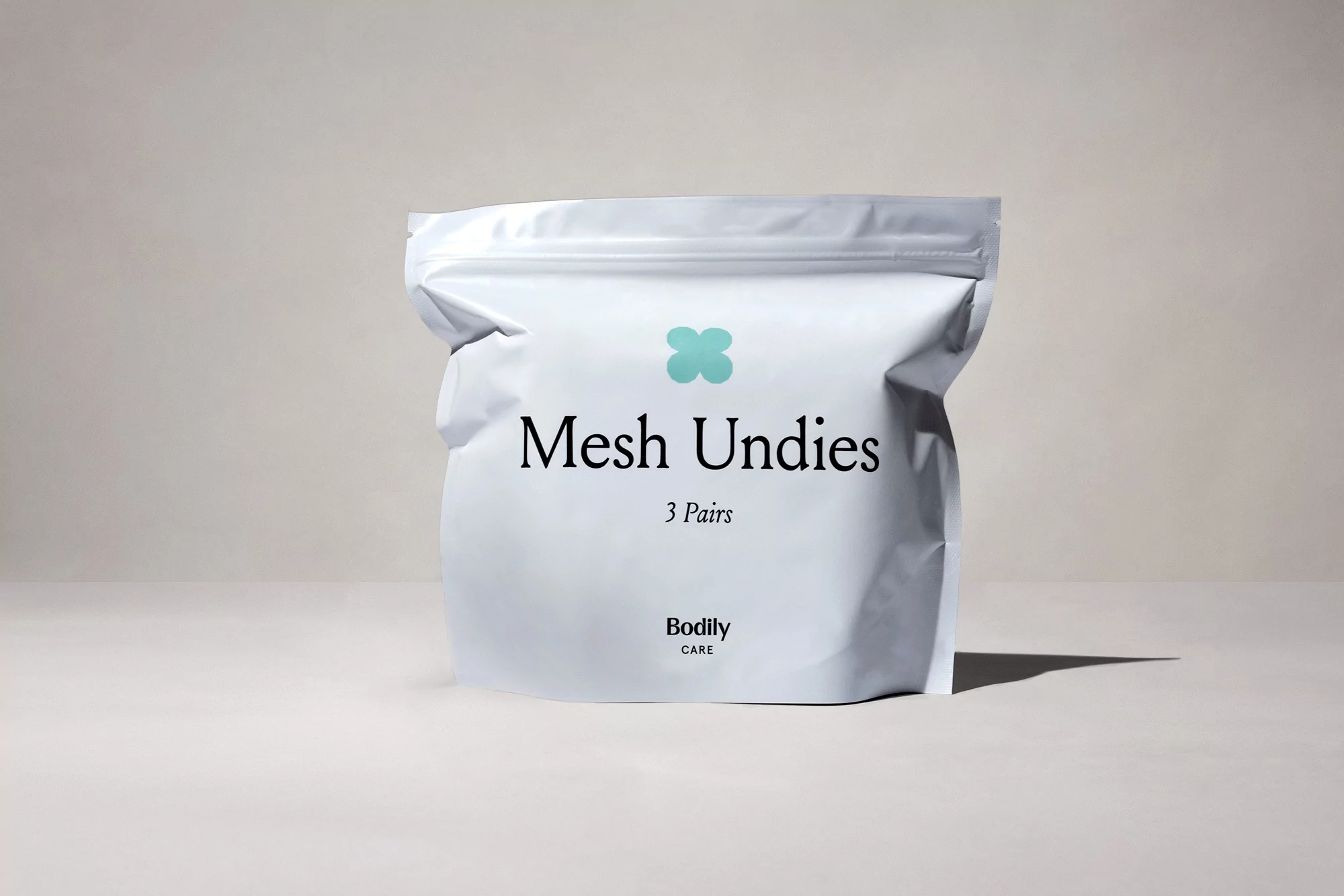Pouch of mesh underwear packaging on a light background featuring the brand name Bodily Care and a four leaf clover design.