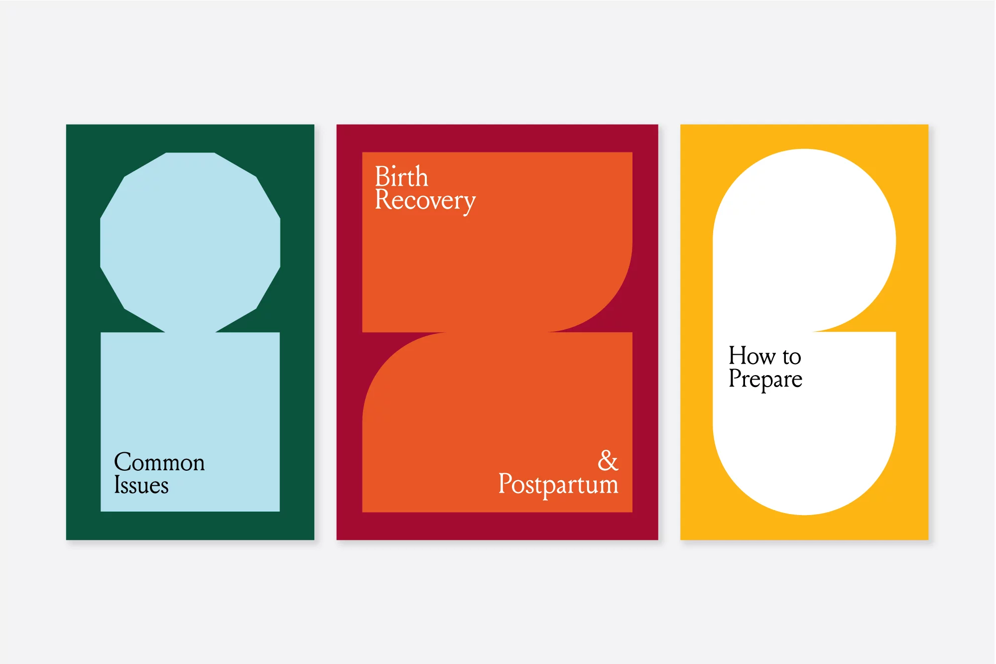 Three stylized book covers with bold colors and geometric shapes promoting birth recovery and postpartum care information.