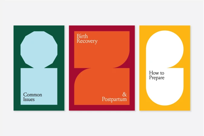 Three stylized book covers with bold colors and geometric shapes promoting birth recovery and postpartum care information.