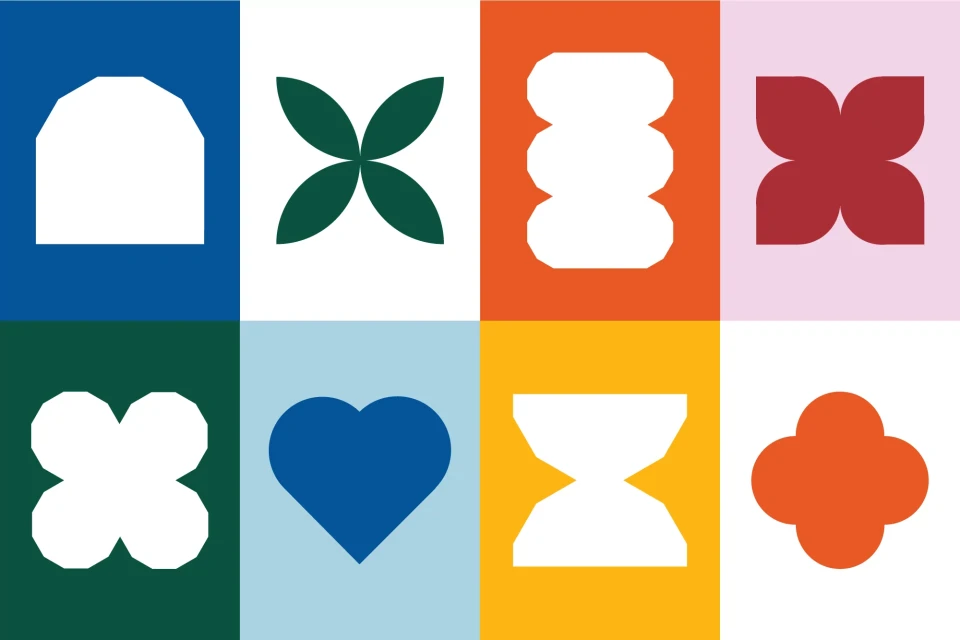 Abstract geometric shapes in a grid of eight colorful squares, creating a modern and eye-catching pattern.