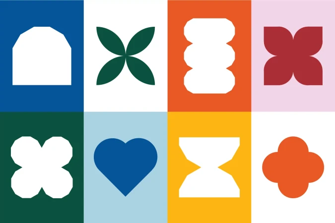 Abstract geometric shapes in a grid of eight colorful squares, creating a modern and eye-catching pattern.