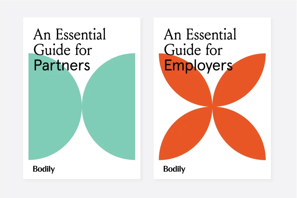 Two book covers with geometric designs and the word 'Bodily' at the bottom. One is mint colored with a cloverleaf pattern and the other is orange.