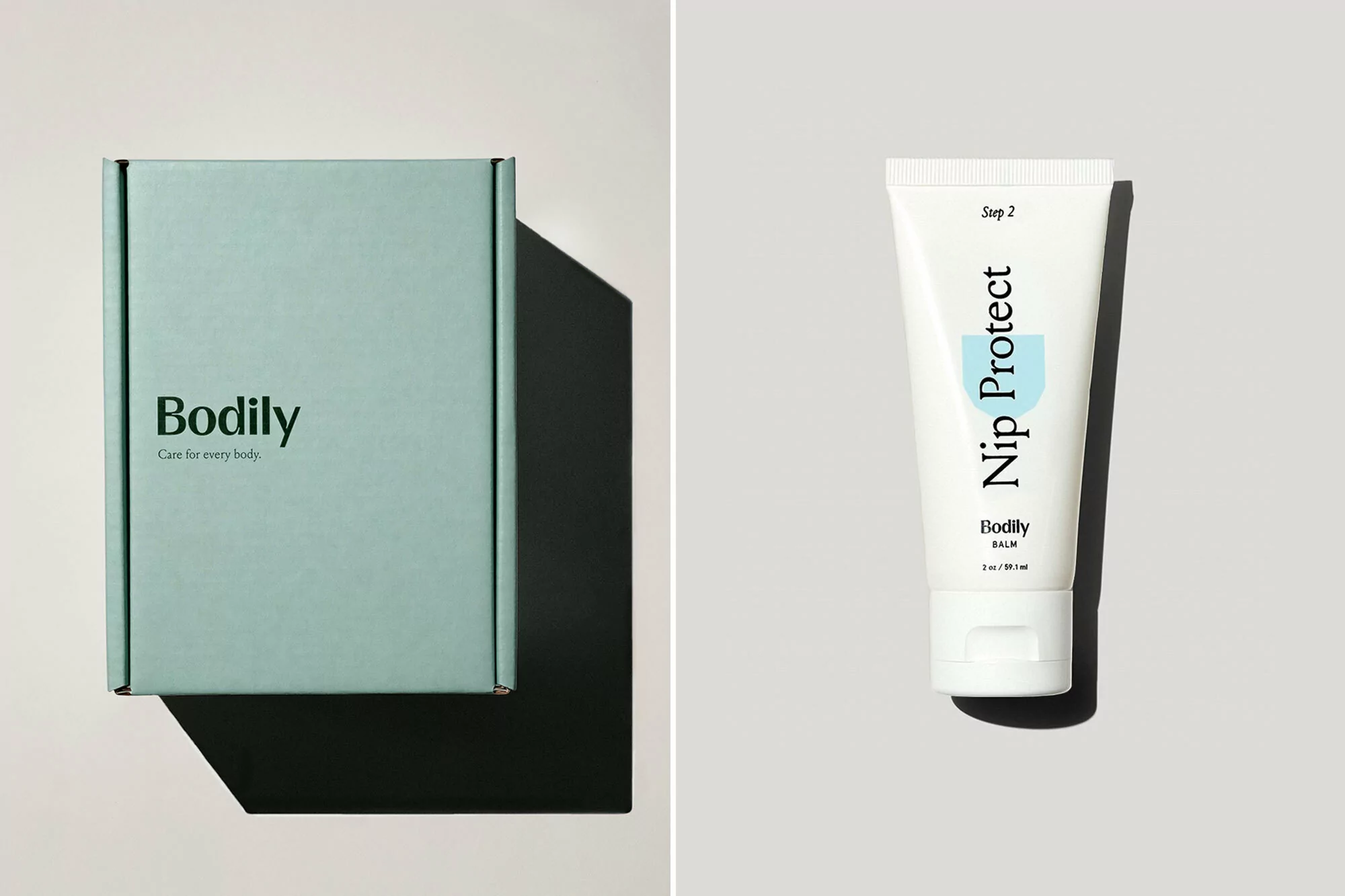 Product shot of a pale green Bodily box and a tube of Nip Protect Balm against a plain background in bright, even lighting.
