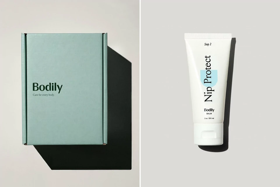 Product shot of a pale green Bodily box and a tube of Nip Protect Balm against a plain background in bright, even lighting.