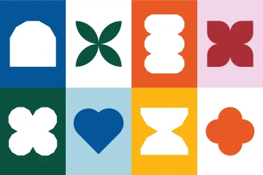 Graphic identity grid showing eight colorful panels with distinct geometric and botanical vector shapes.