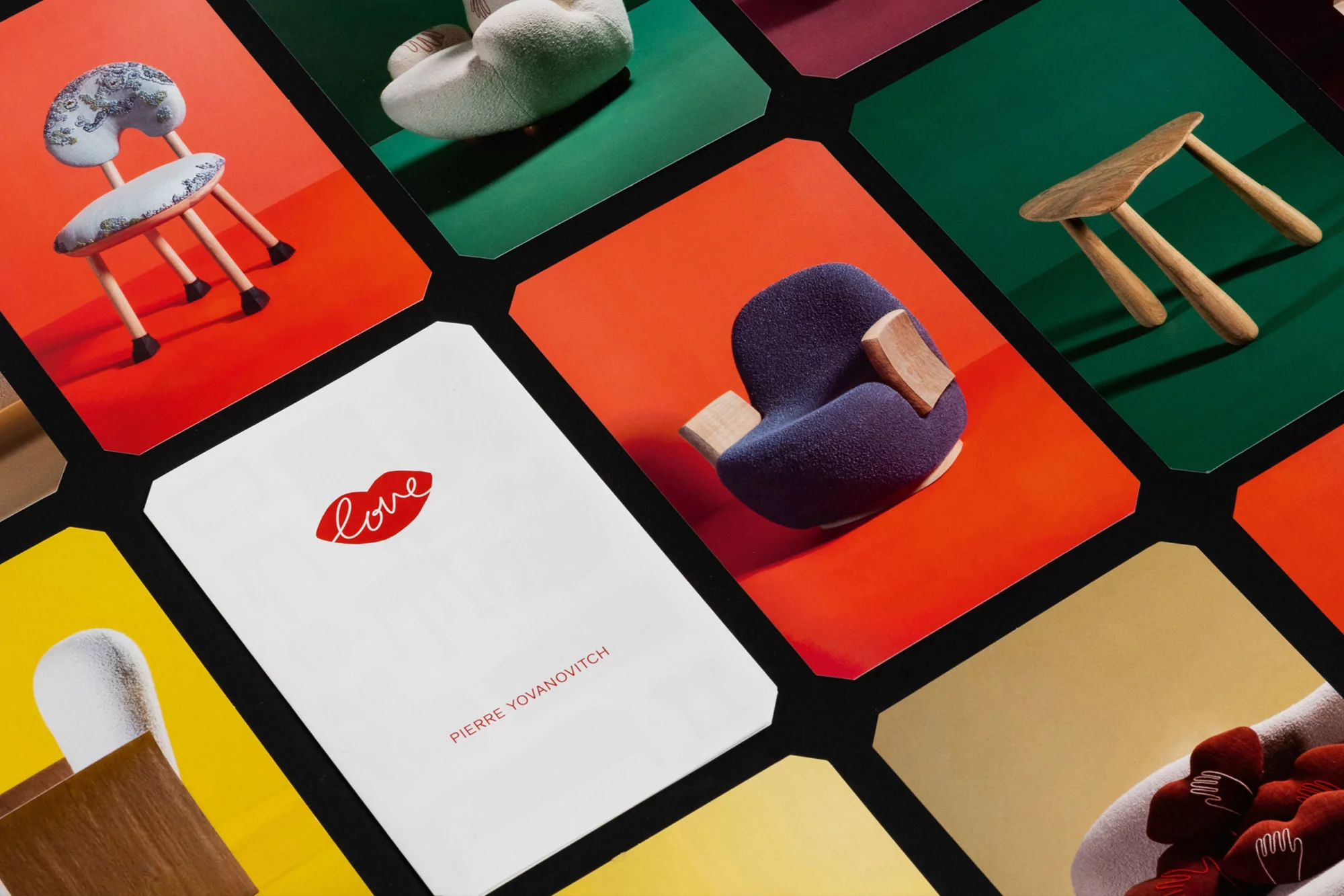 Collage of chairs in various styles and colours on cards. Furniture design, Pierre Yovanovitch collaboration, interior design.