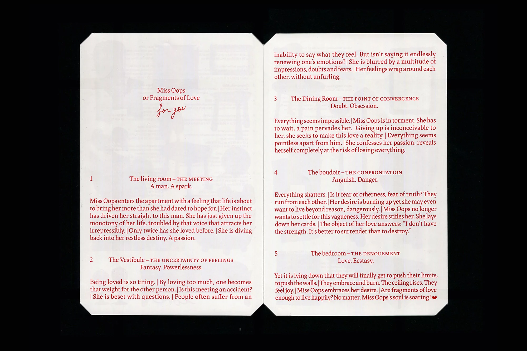 Open book displays excerpts from 'Miss Oops or Fragments of Love,' featuring themes of love, introspection, and emotional experiences.