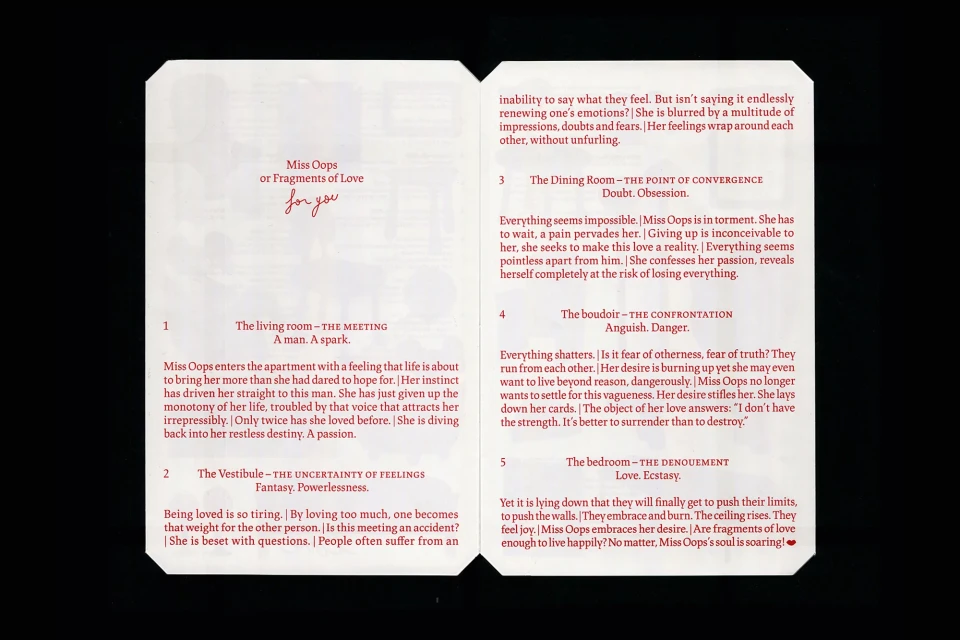 Open book displays excerpts from 'Miss Oops or Fragments of Love,' featuring themes of love, introspection, and emotional experiences.