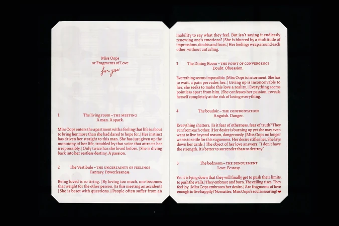Open book displays excerpts from 'Miss Oops or Fragments of Love,' featuring themes of love, introspection, and emotional experiences.