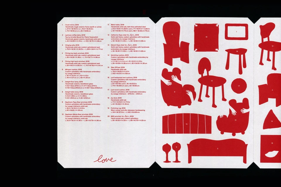 Red furniture illustrations on white: sofas, armchairs, chairs, tables, stools, lamps, and cushions, all in a flat, graphic style.