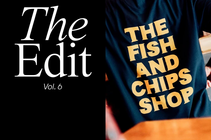 T-shirt with 'The Fish and Chips Shop' text on a split background featuring 'The Edit Vol. 6' typography against black.
