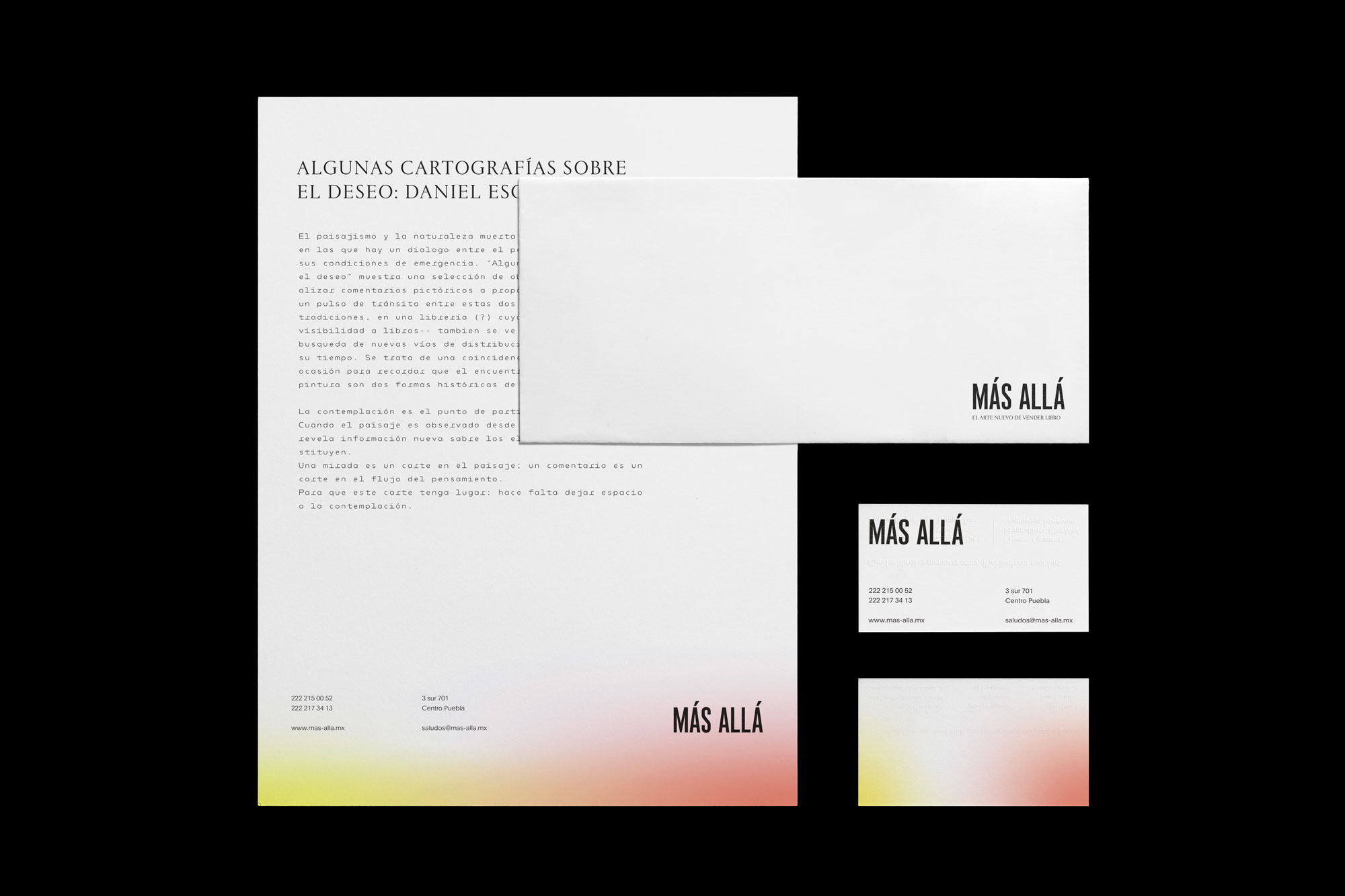Promotional material for Más Allá featuring letterhead, business cards, and stationery with a gradient color scheme, set against black background.