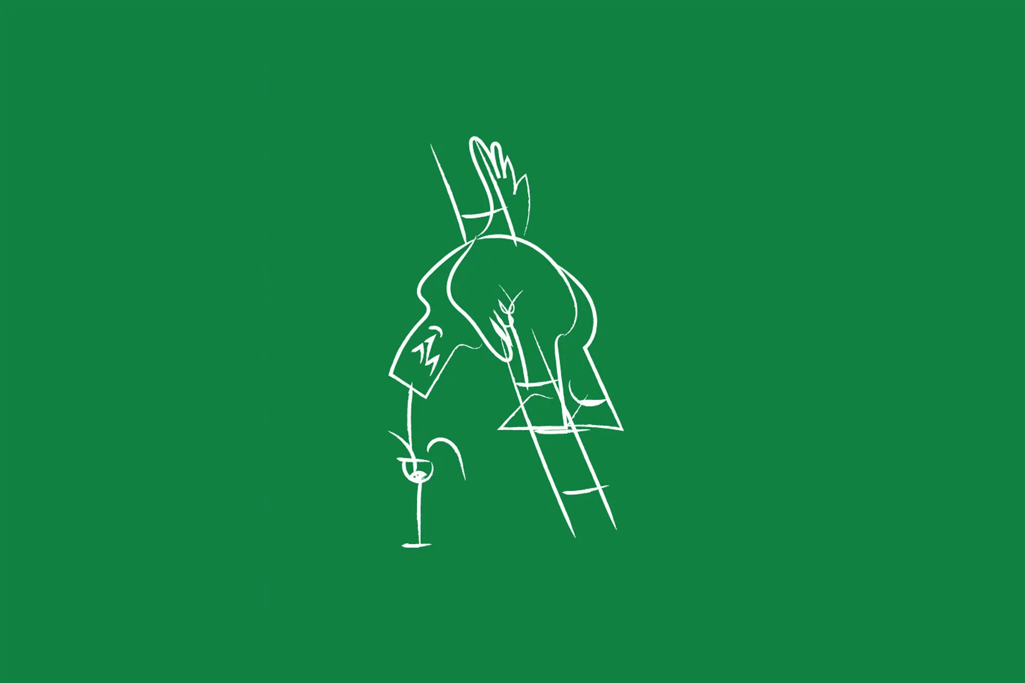 White line drawing on green: a person on a ladder reaches down to pour a drink into a wine glass. Abstract, minimalist illustration.