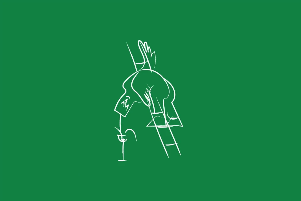 White line drawing on green: a person on a ladder reaches down to pour a drink into a wine glass. Abstract, minimalist illustration.