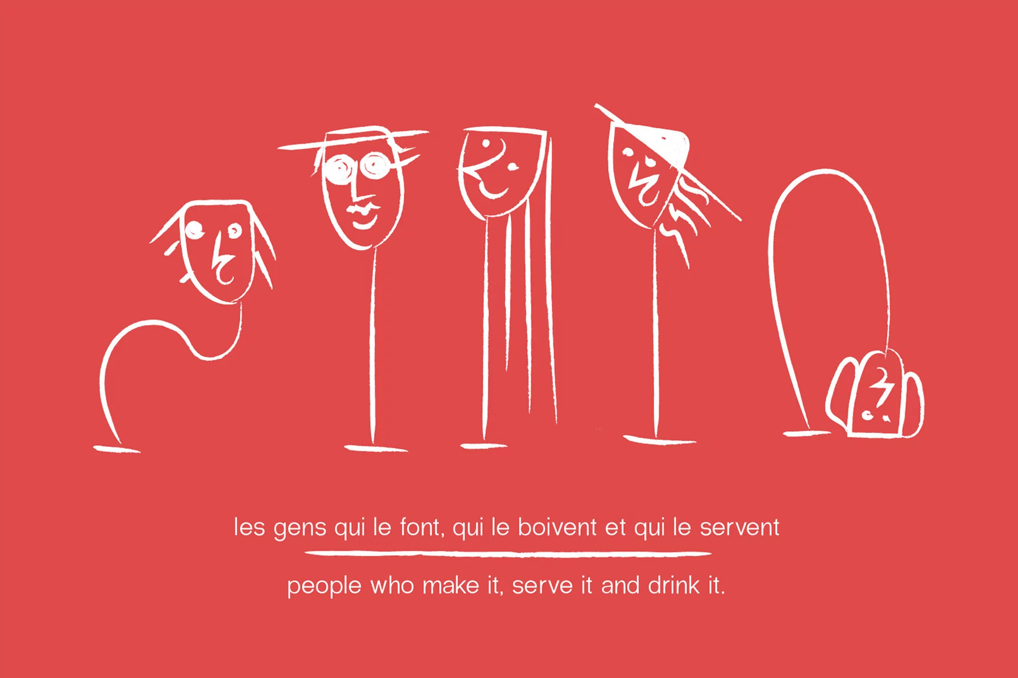 Stylized white line drawing on red background: five stylized figures in a row, next to English and French text at the bottom of the frame.