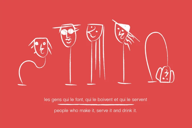 Stylized white line drawing on red background: five stylized figures in a row, next to English and French text at the bottom of the frame.