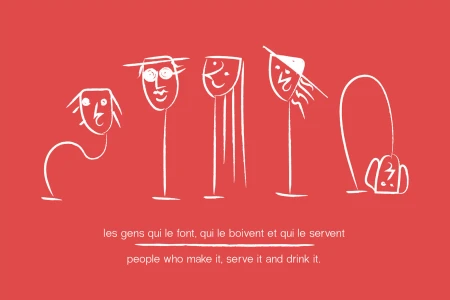 White line-art illustrations of five abstract characters and a bottle on a solid red background with French and English text.