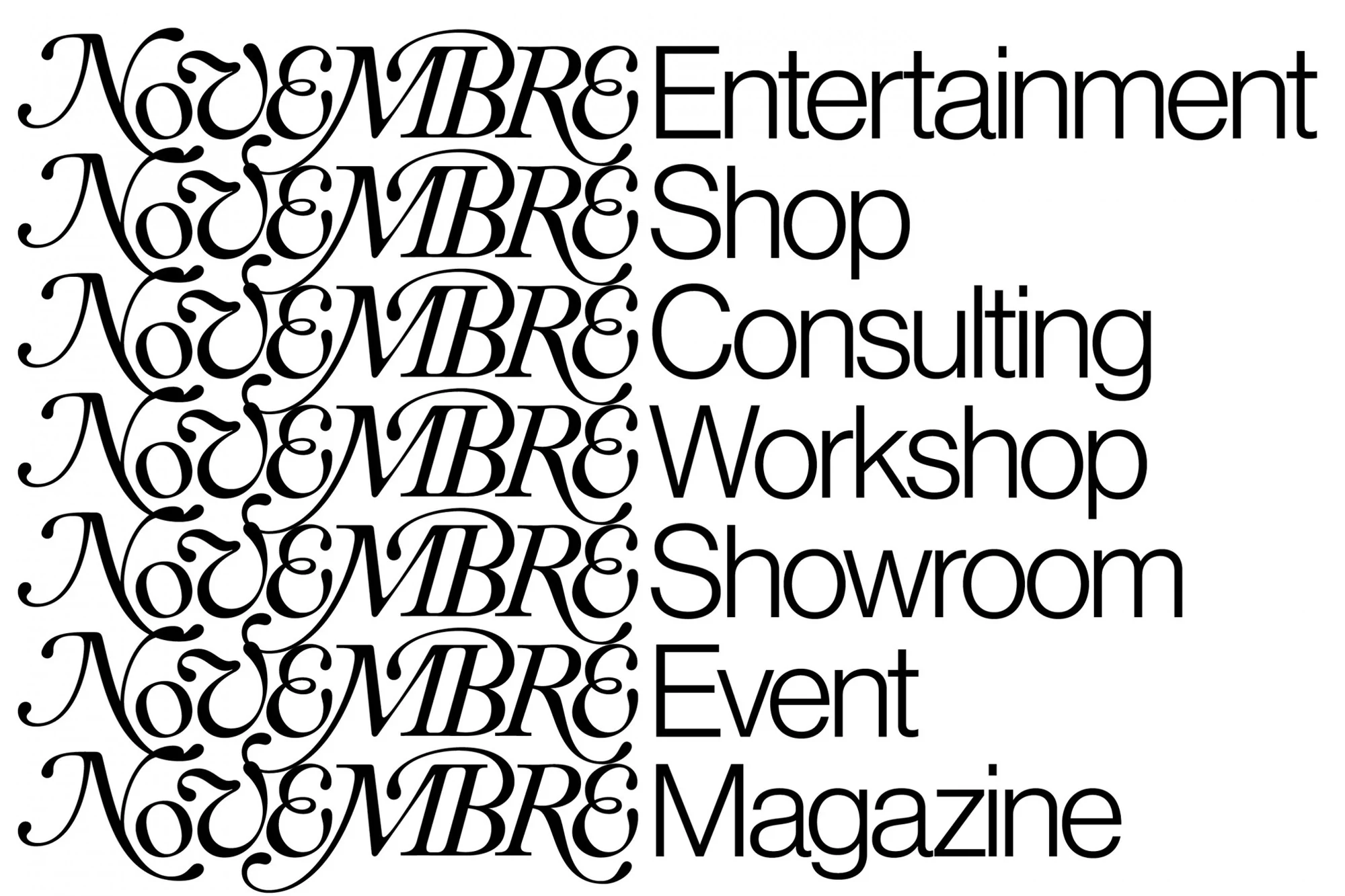 Collection of Novembre brand text logos for Entertainment, Shop, Consulting, Workshop, Showroom, Event, and Magazine services on a white background.