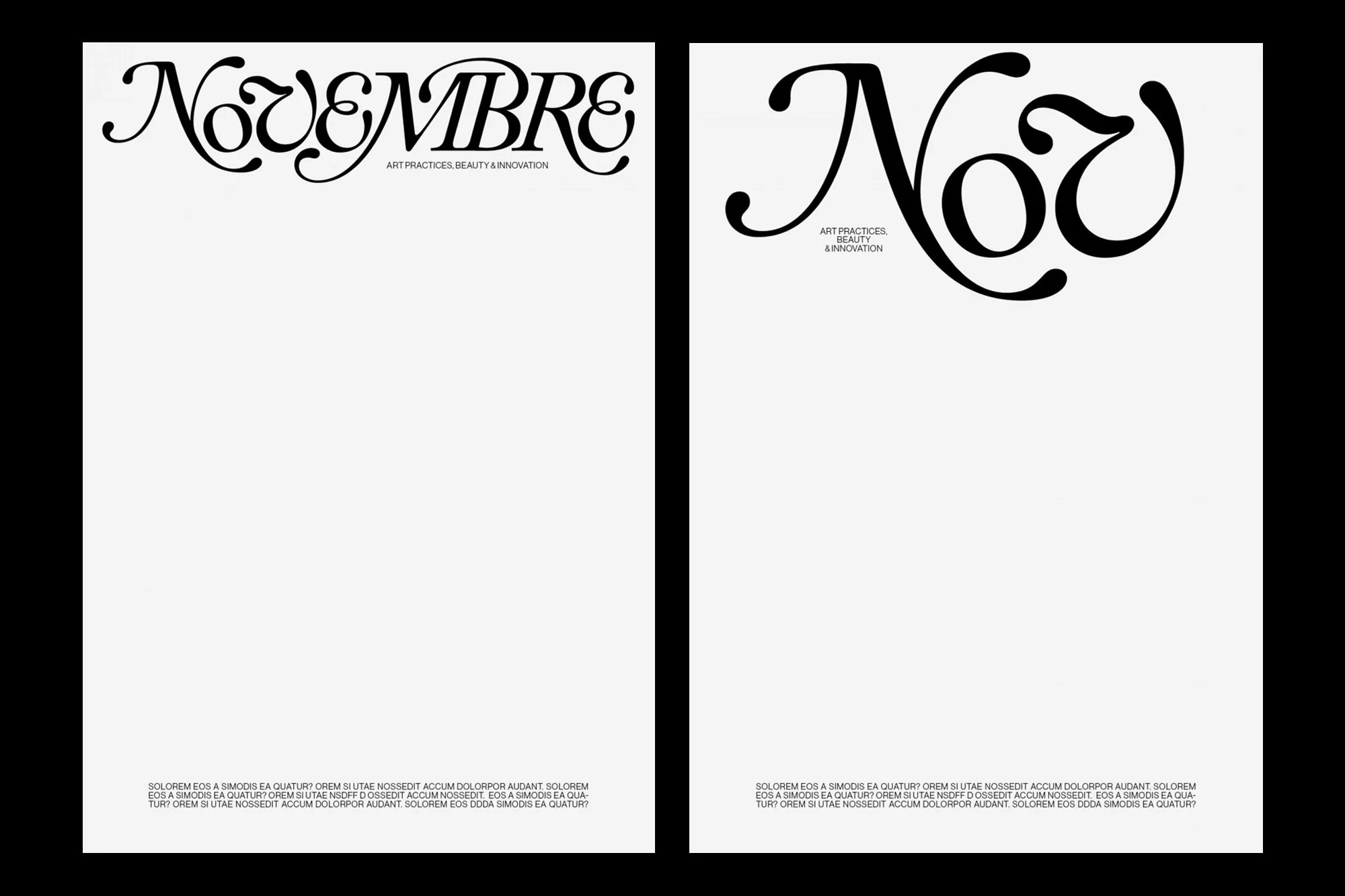 Artistic typographic layout with 'Novembre' and 'Nov' in large, elegant black fonts on a white background for a beauty and innovation campaign.