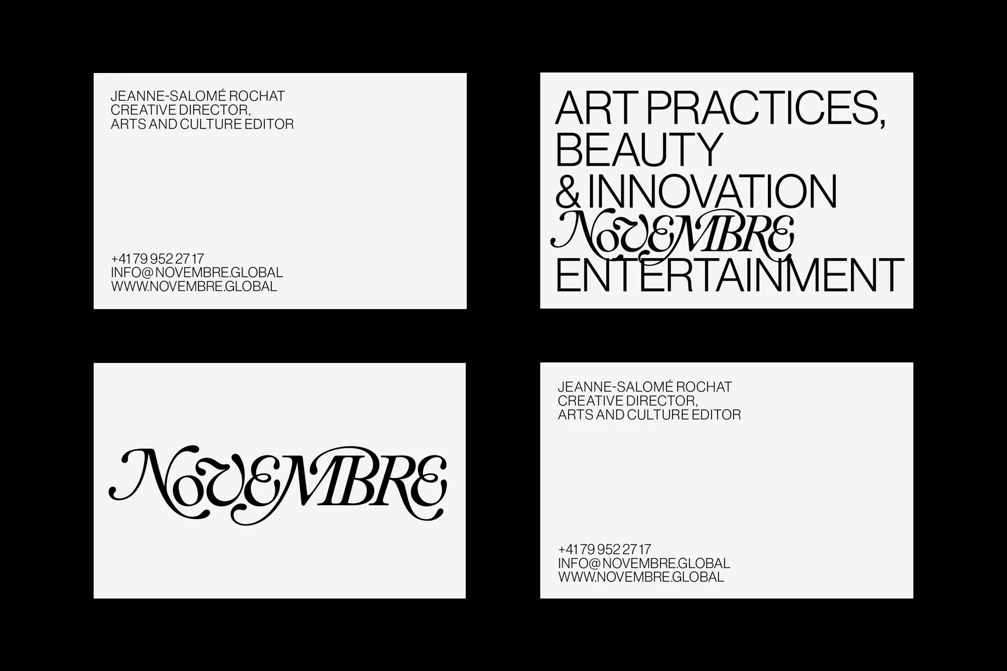 Four business cards displayed with the word NOVEMBRE and contact details, set against a stark black backdrop, clean design, and minimalist aesthetic.