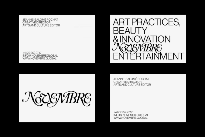 Four business cards displayed with the word NOVEMBRE and contact details, set against a stark black backdrop, clean design, and minimalist aesthetic.