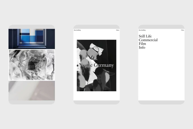 Three app screens showcasing Vogue Germany imagery: one with abstract blue blocks, one with a black-and-white figure, and one with text.