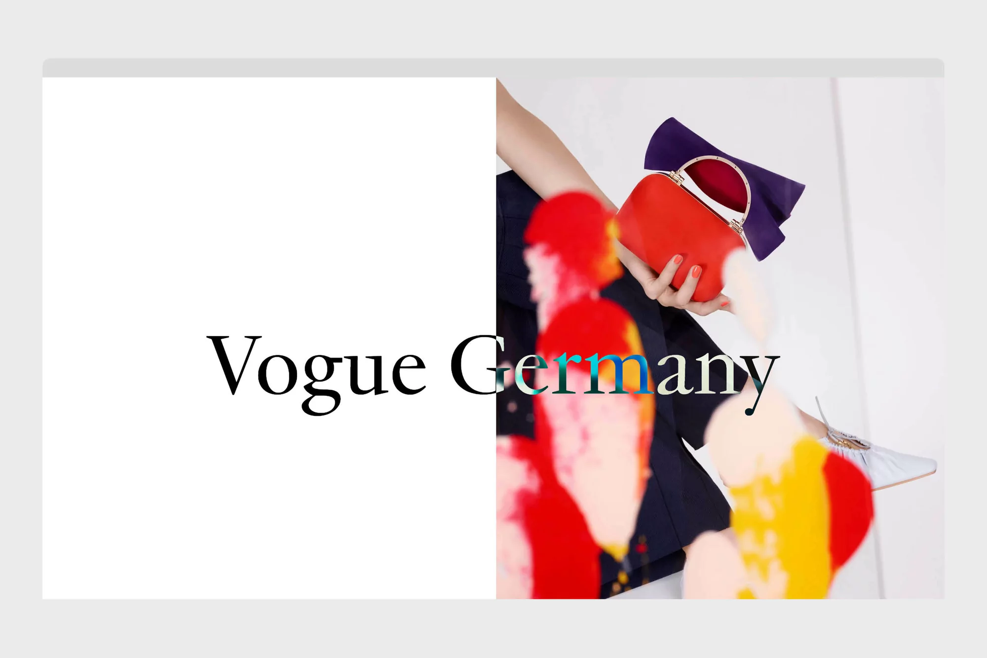 Fashion editorial shot of a woman holding a red handbag in a studio, with the Vogue Germany logo visible.