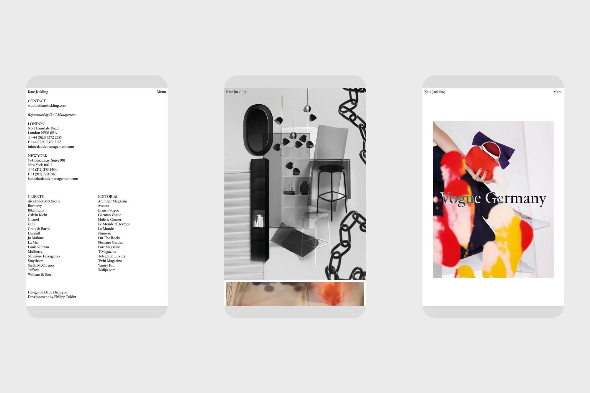 Three digital screen mockups display lifestyle and product editorial content, including modern furniture, beauty items, and magazine covers.