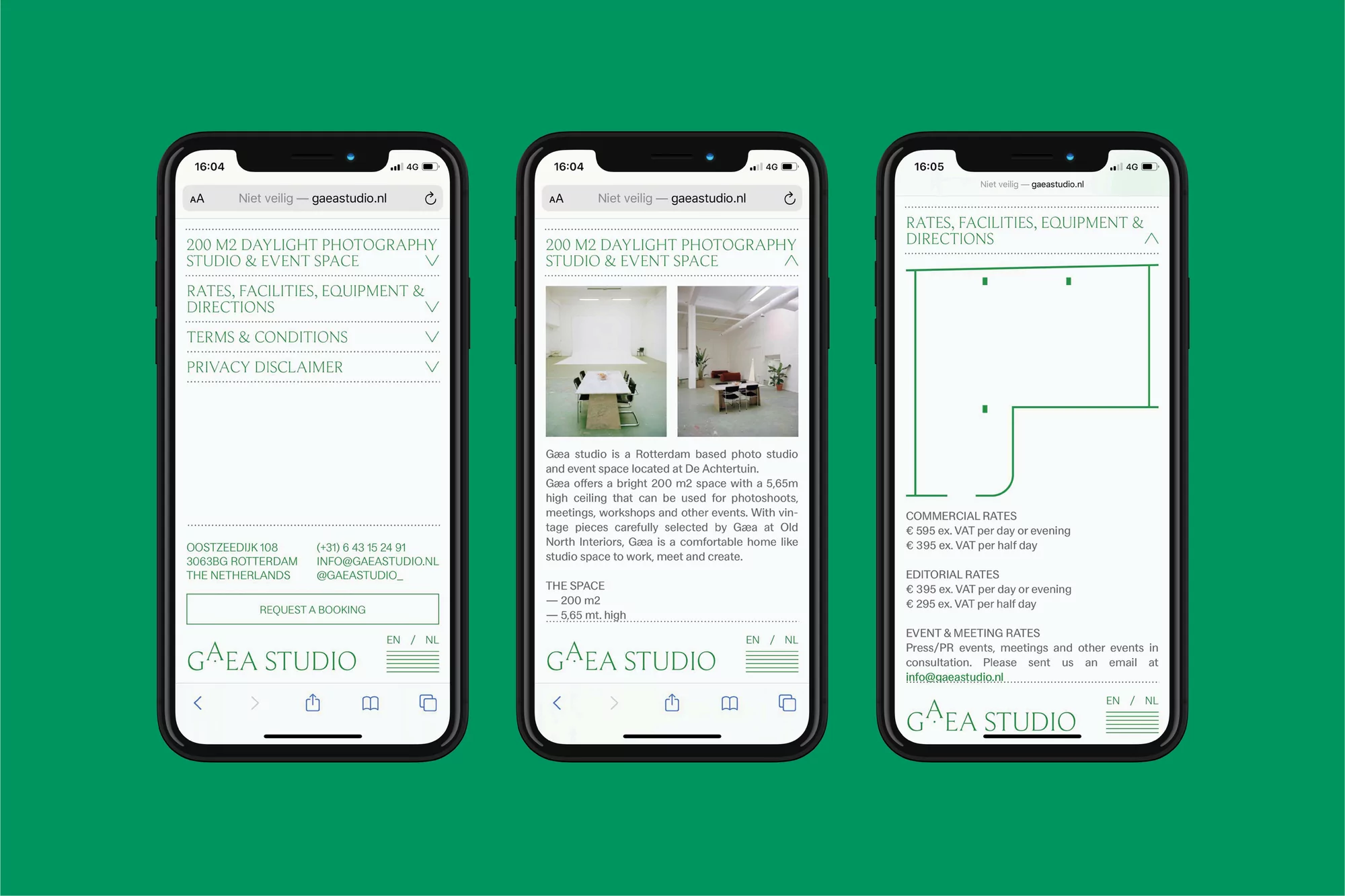 Screenshots of the Gaea Studio website on three iPhones against a green background, showcasing studio details, rates, and booking options.
