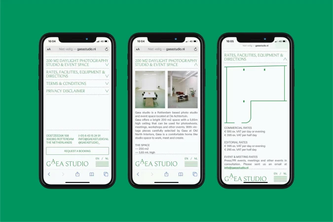 Screenshots of the Gaea Studio website on three iPhones against a green background, showcasing studio details, rates, and booking options.