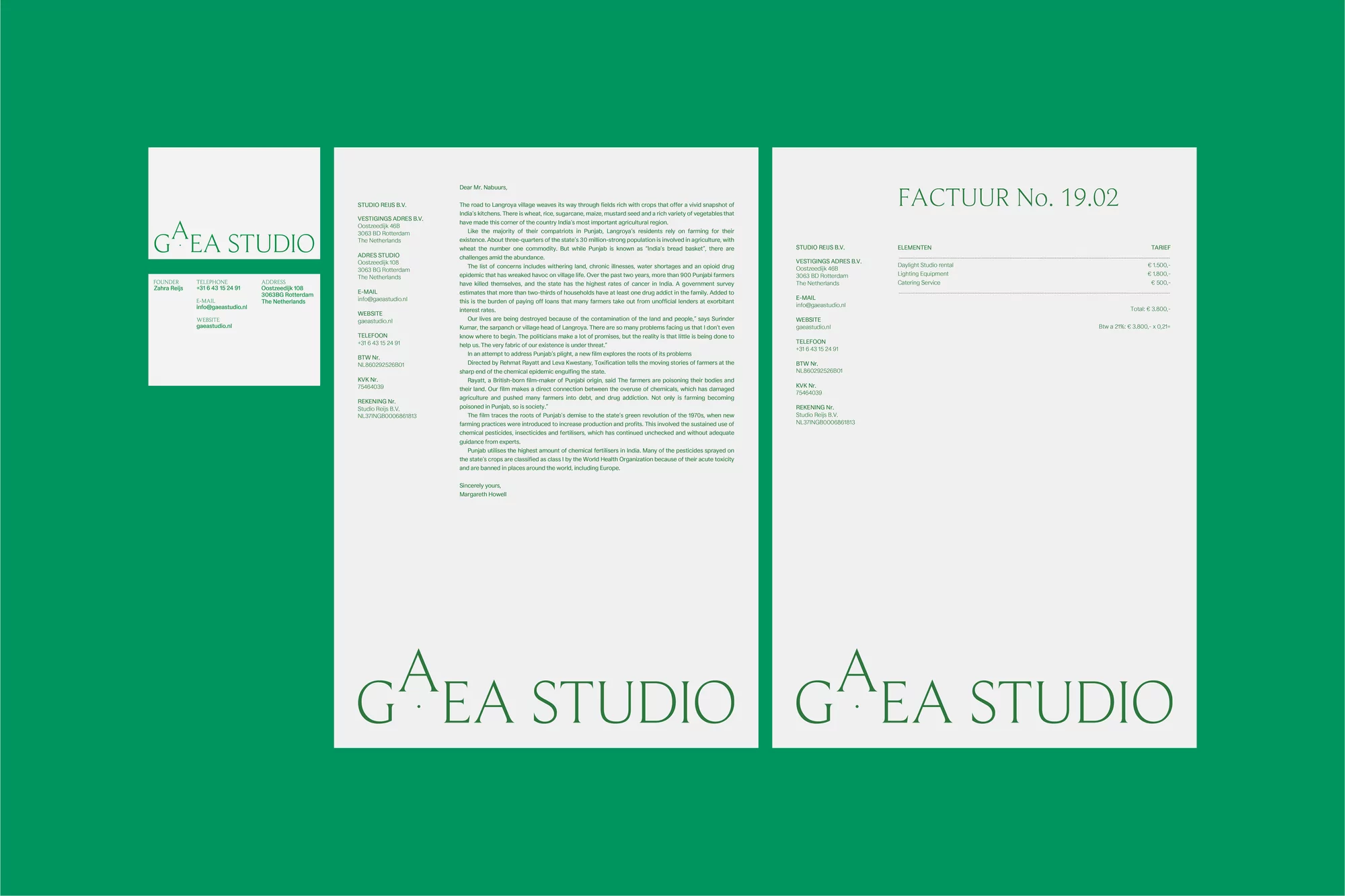 Overhead shot of Gaea Studio branded letterhead, business card, and invoice on a green background, showcasing corporate identity.