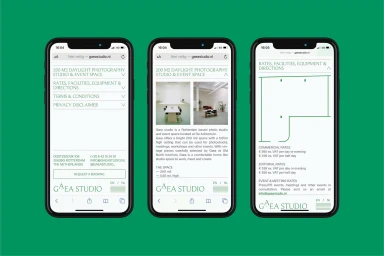 Three mobile phones displaying web pages on a green background for GAEA Studio brand identity project by Roel Nabuurs