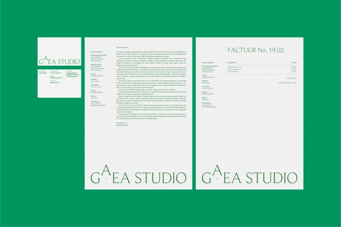 Gaea Studio brand identity presentation showing letterhead, invoice, and business card on a green background.
