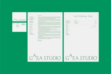 Gaea Studio brand identity presentation showing letterhead, invoice, and business card on a green background.
