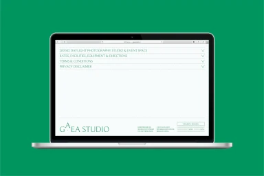 A laptop computer displaying a minimalist website design with green typography against a solid green background.