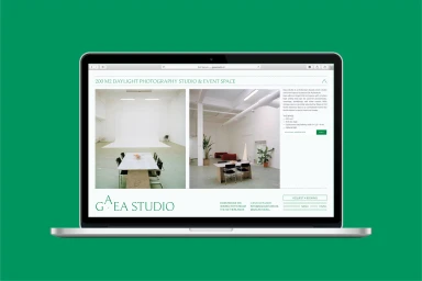 Laptop displaying the Gaea Studio website with a green background and minimalist layout