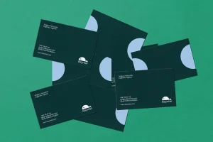 Scattered dark green business cards with light blue curved accents and white Bayntel branding on textured green paper