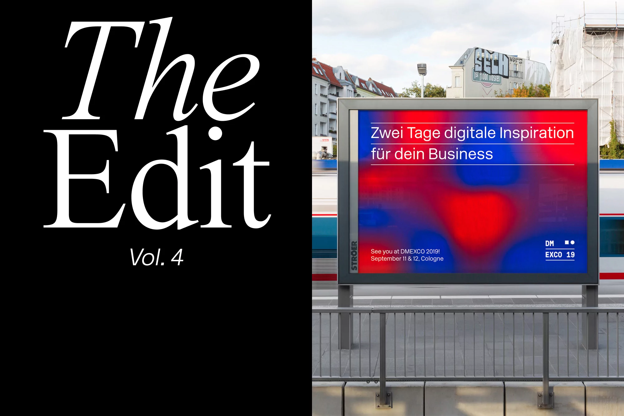 Billboard advertisement for 'The Edit Vol. 4' featuring text and a blurred red and blue background in an urban setting.
