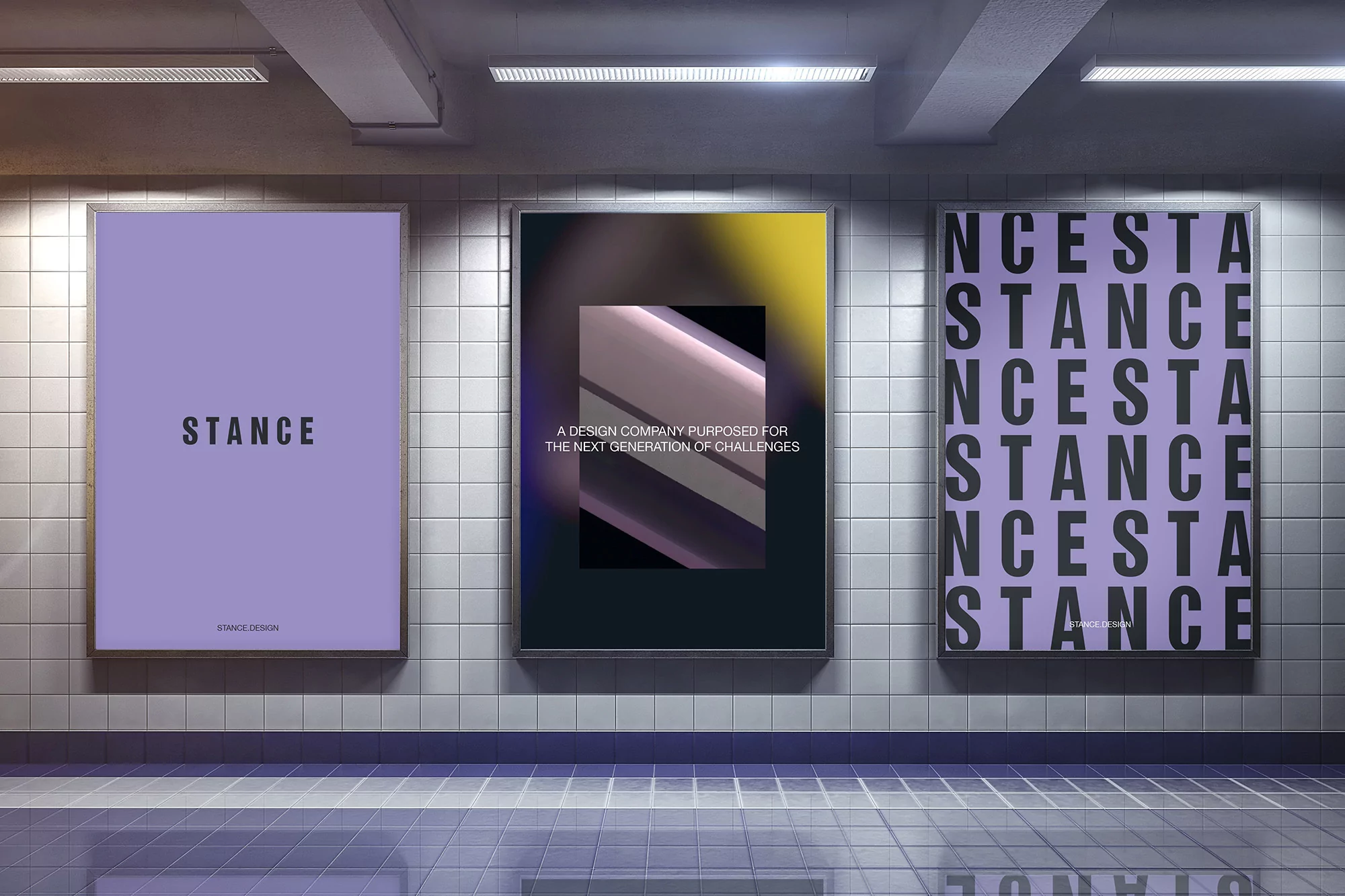 Three advertisement posters are aligned in a subway station, showcasing typographic designs, and promoting the brand Stance Design.