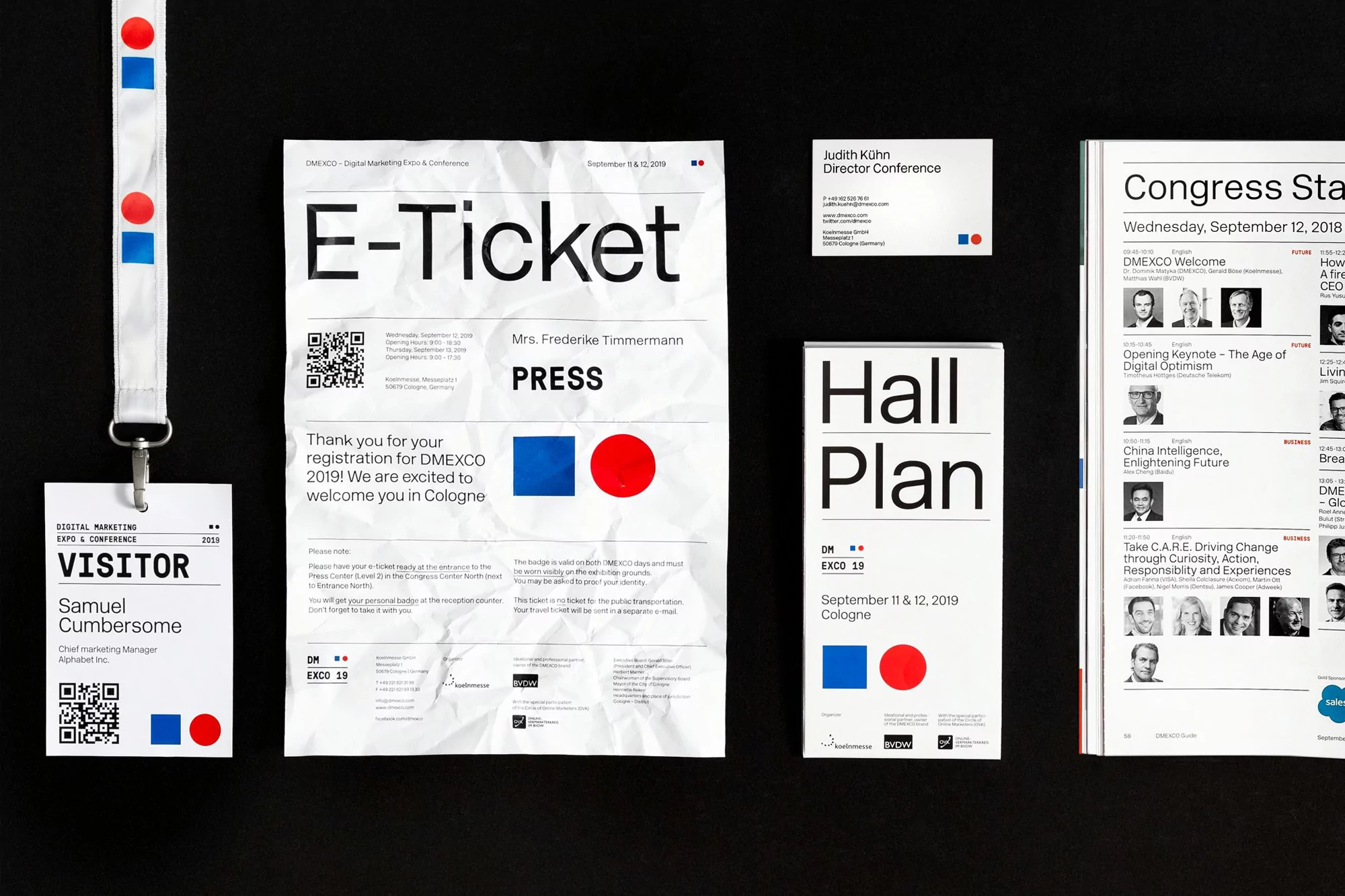 DMEXCO event collateral featuring an E-ticket, visitor pass, conference program, and hall plan against a dark background.