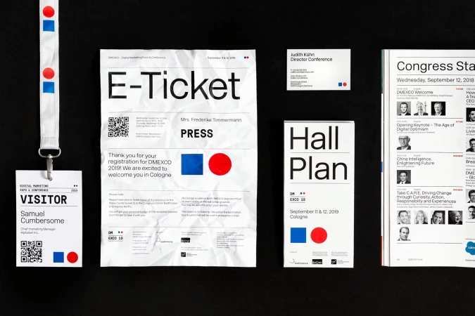 DMEXCO event collateral featuring an E-ticket, visitor pass, conference program, and hall plan against a dark background.