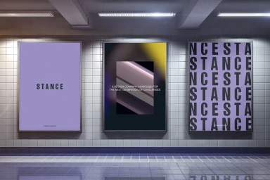 Three vertical posters featuring minimalist typography and abstract graphic designs mounted on a tiled subway station wall.