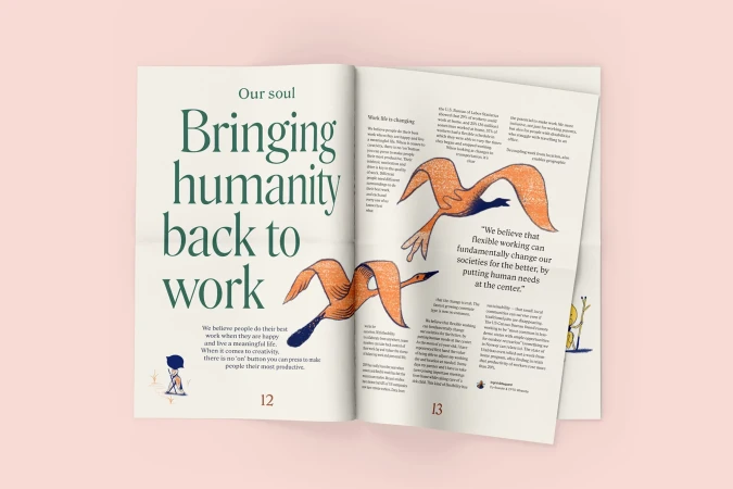 Open magazine spread on a pink background features illustrated text about bringing humanity back to work with orange bird drawings.